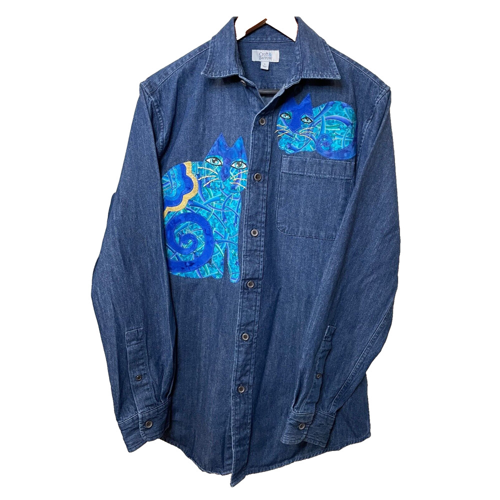 100% Cotton Croft & Barrow Blue Cat Patchwork Long Sleeve Button Down Size S